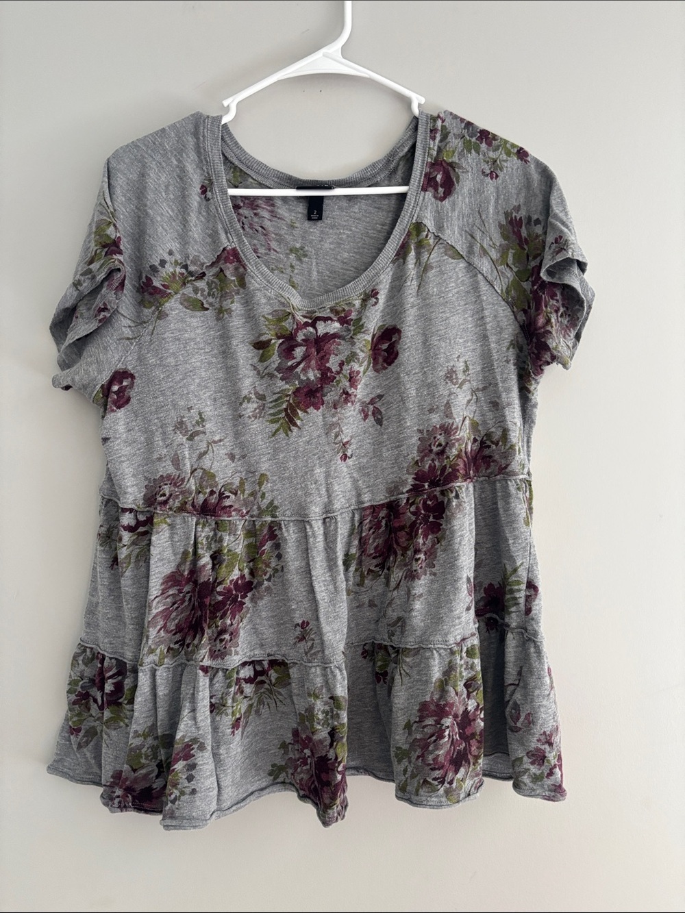 torrid Gray Tiered V-Neck Top with Plum Floral Accents